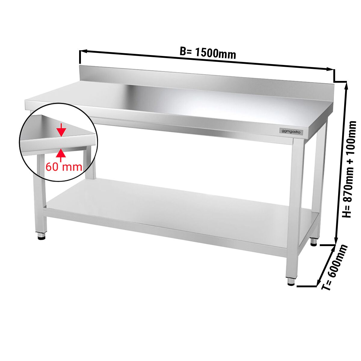 Radni stol od plemenitog čelika PREMIUM - 1500x600 mm - Sa donjom pločom & poleđinom 