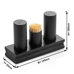 Conjunto de galheteiro - 3-peças - suporte em aço inoxidável - aço inoxidável - saleiro, pimenteiro, paliteiro - Altura: 200mm - Preto