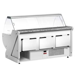 Kylmätiski - 2515x1150 mm - 500 l - Väri valkoinen - 3 hyllyä - etulasi Kaareva - musta graniittitaso