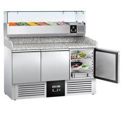 Banco pizza refrigerato PREMIUM - 1400x700mm - con 3 porte - piano in granito - con vetrina ingredienti refrigerata superiore - 6x GN 1/4