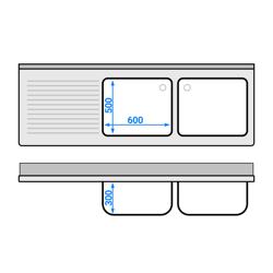 Fregadero de acero Inox. con estante inferior ECO - 2,0 m - 2 fregaderos a la derecha - L 60 x A 50 x P 30 cm - con estante inferior