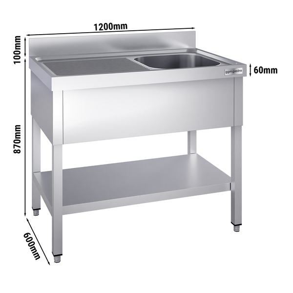 Yıkama Tezgahı PREMIUM -  1200x600mm - Alt Raflı & 1 Sağ Evyeli