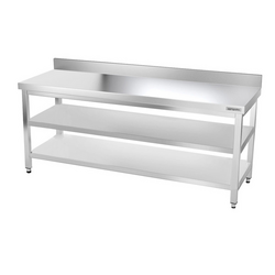 Table de travail en inox PREMIUM - 1600x600mm - avec plancher de base, rebord & plancher intermédiaire	