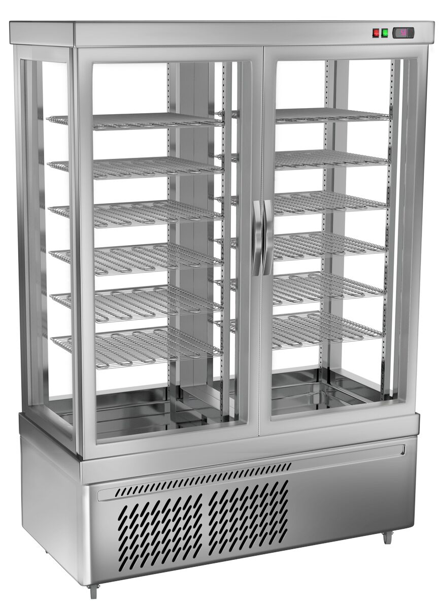 Vitrine réfrigérée négative 4 faces vitrées / Vitrine panoramique négative - 935L - 1320mm - avec 12 étagères en verre - 2 portes vitrées - Argent