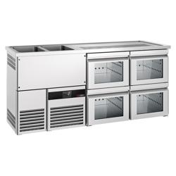 Commercial Refrigerated Beer Counter PREMIUM – 2-Door + 4 Glass Drawers – 2 Left-hand Sinks – 1950×700 mm