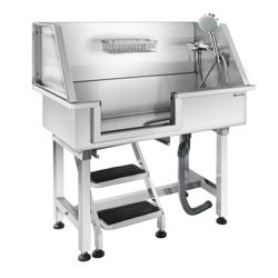 Pet grooming tub – Stainless steel, sliding front door, staircase, 870×490×1020 mm
