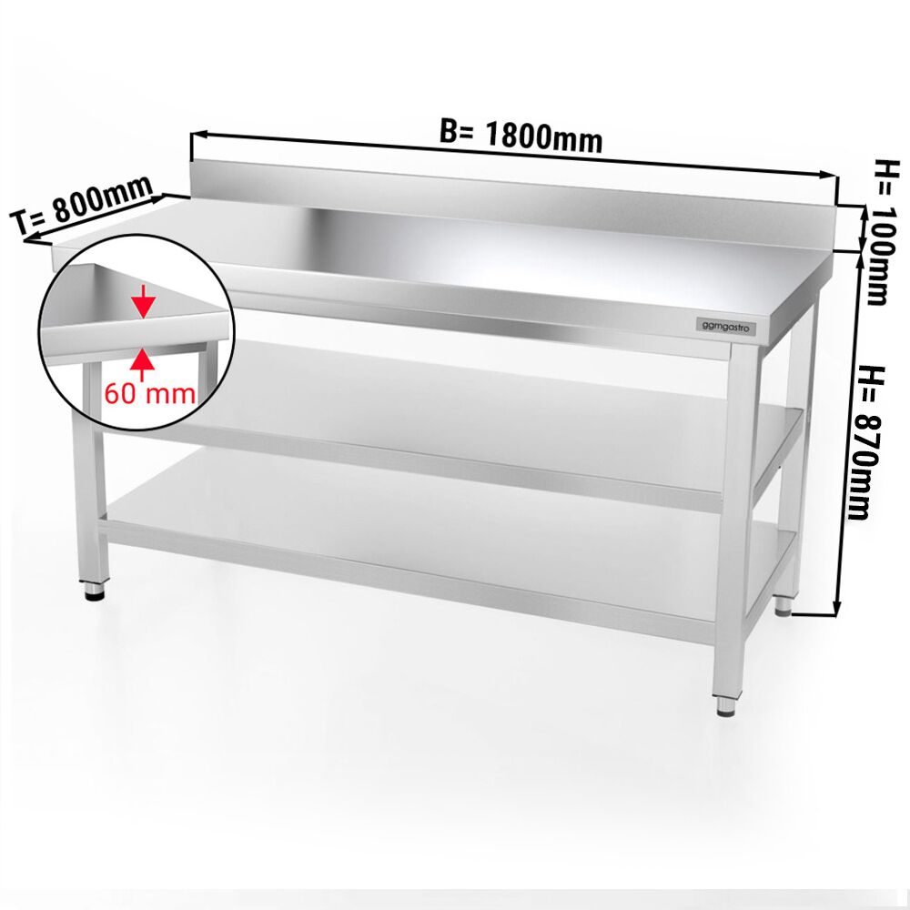 Radni stol od nehrđajućeg čelika PREMIUM - 1800x800 mm - Sa podnom pločom, poleđinom & međupločom