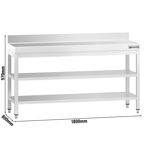 Edelstahl Arbeitstisch PREMIUM - 1800x800mm - mit Grundboden, Aufkantung & Zwischenboden
