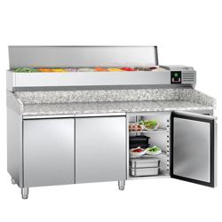 Pizzawerkbank PREMIUM - 2000x800mm - met granieten werkblad - met 3 deuren - incl. glasvitrine LED - 9x GN 1/3
