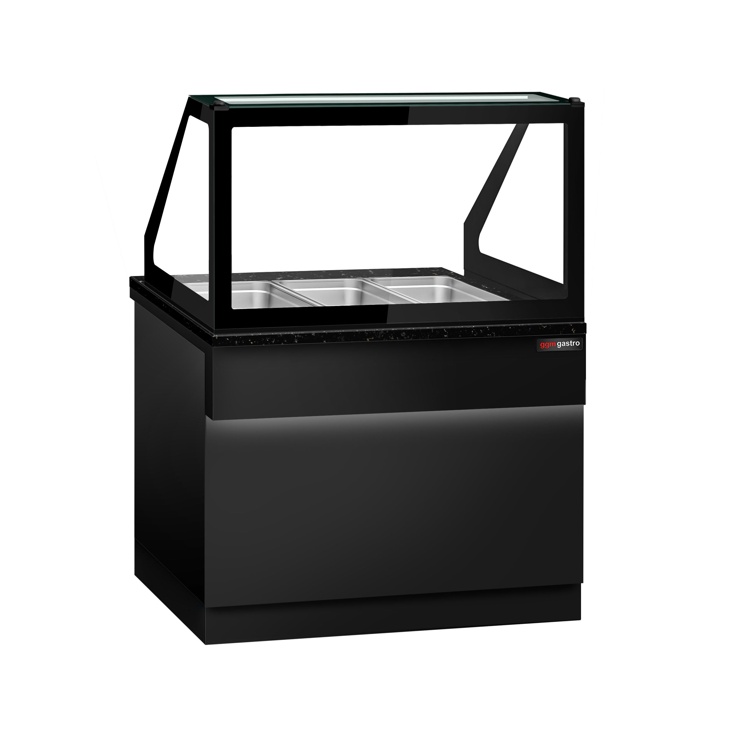 Vitrine chauffante TORONTO – 1250 mm – façade noire – pour 3 × GN 1/1 – plan de travail en granit noir