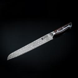 ZWILLING | Tanrei Bread Knife 230 mm – Serrated Edge - Damascus 101-Layer - Brown Micarta Handle