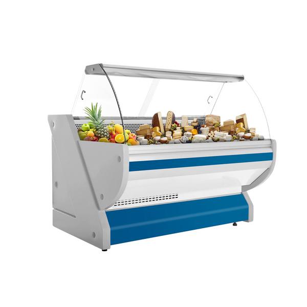 Banco gastronomia professionale / Banco Macelleria  - 1725x1150mm - Statica - 340 L - Vetro curvo - Colore Blu - Pannello frontale illuminato - con Natura-Fleischlicht