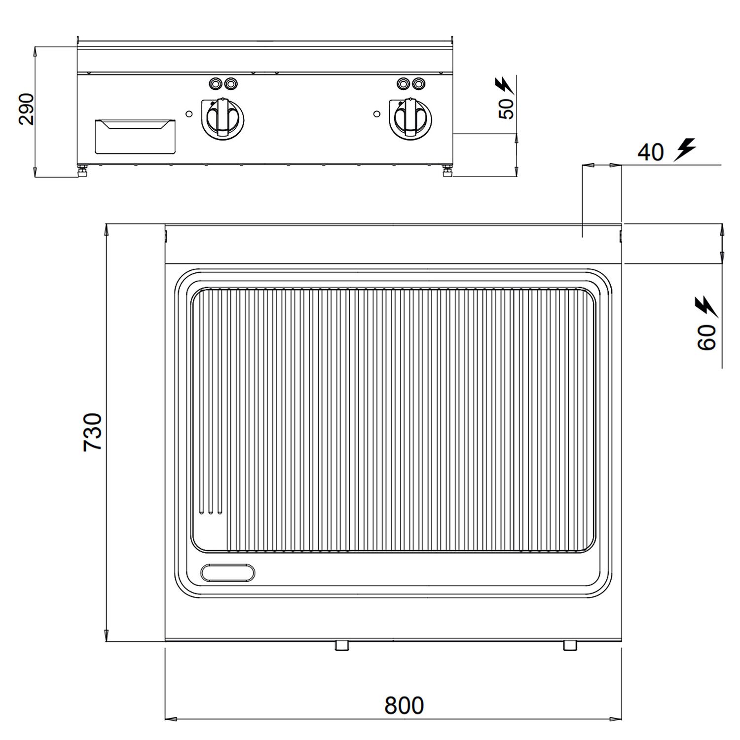 Plancha électrique - plaque acier - 2 zones - 9,6 kW - Rainurée