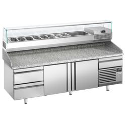 Pizzawerkbank PREMIUM PLUS - 2305x800mm - met granieten werkblad - met 2 deuren & 2 laden - incl. glasvitrine - 10x GN 1/3