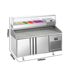 Pizzawerkbank PREMIUM PLUS - 1490x700mm - met granieten werkblad - met 2 deuren - incl. glasvitrine - 6x GN 1/4