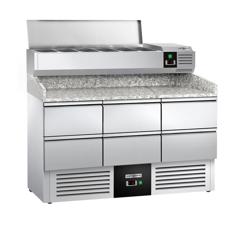 Pizzawerkbank PREMIUM - 1400x700mm - met granieten werkblad - met 6 laden 1/2 - incl. opzetkoelvitrine - 6x GN 1/4