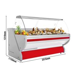 Banco gastronomia professionale / Banco Macelleria - 2515x1150mm - Statica - 500 L - Vetro curvo - Colore Rosso - Pannello frontale illuminato - piano di lavoro in granito