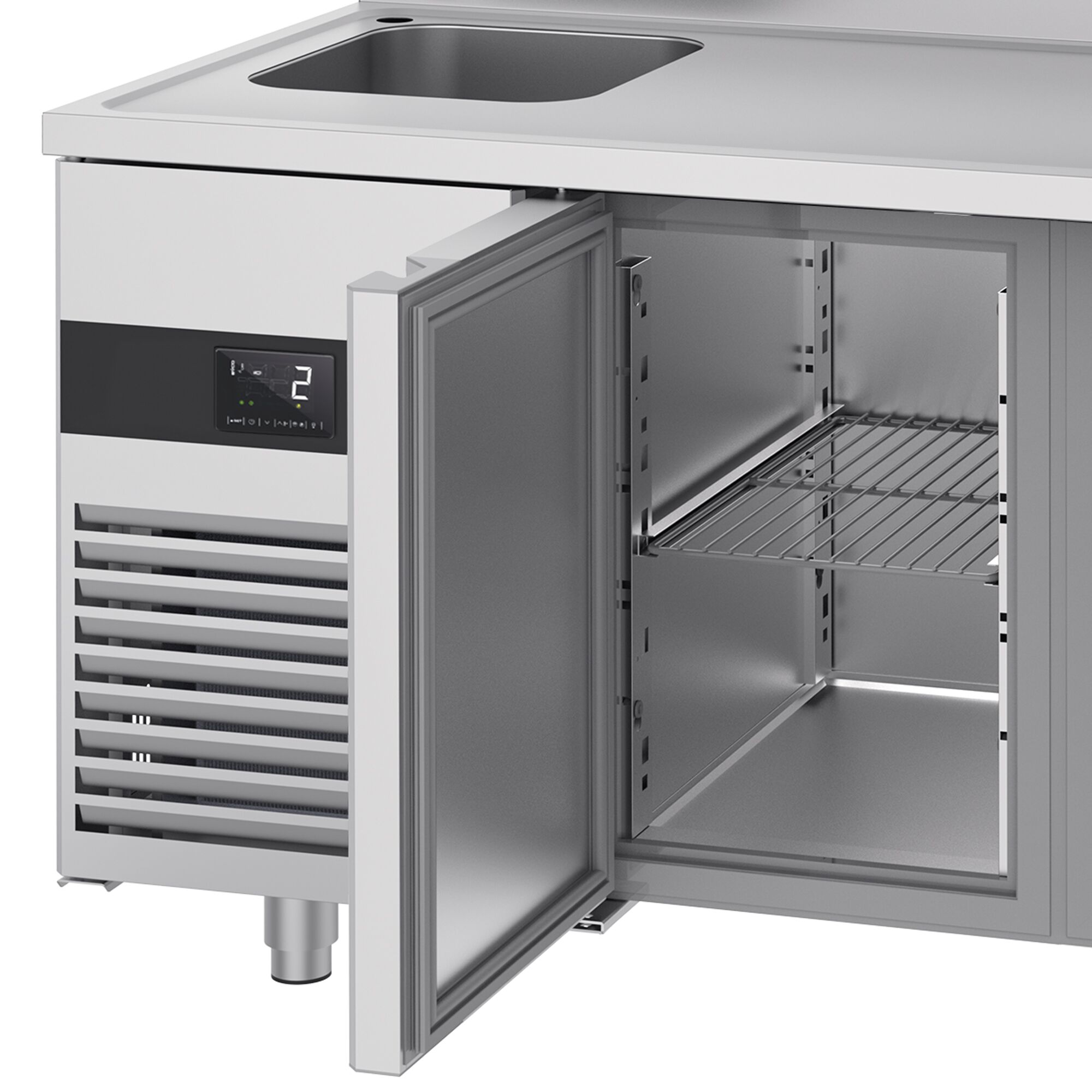 Table réfrigérée PREMIUM - 1430 x 700 mm - avec 2 portes, 1 bac à gauche - dosseret
