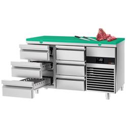 Koelwerkbank PREMIUM - 1400x700mm - 281 liter - met 6 laden - incl. snijplank groen - zonder opstand