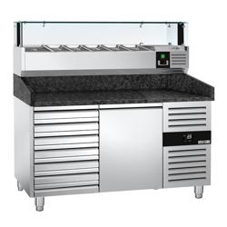 Pizzawerkbank PREMIUM - 1500x800mm - met granieten werkblad - met 1 deur & 7 laden - incl. glasvitrine LED - 6x GN 1/3