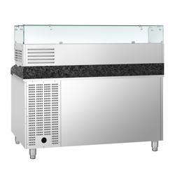 Banco pizza refrigerato PREMIUM - 1500x800mm - con 2 porte - piano in granito - con vetrina ingredienti refrigerata superiore - 7x GN 1/4