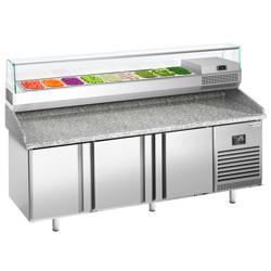 Pizzawerkbank PREMIUM PLUS - 1980x700mm - met granieten werkblad - met 3 deuren - incl. glasvitrine - 9x GN 1/4