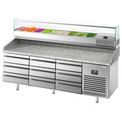 Pizzawerkbank PREMIUM PLUS - 1980x700mm - met granieten werkblad - met 9 laden - incl. glasvitrine - 9x GN 1/4