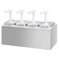 Dávkovač omáčky - nerezová ocel AISI 304, nádoby PP - se stojanem - 4× 2 l - 480x215x325 mm - einstellbarer Dosierung - s nádobou - vč. nerezového stojanu