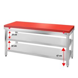 Работна маса от неръждаема стомана PREMIUM - 1,5 м - с основа - вкл. режеща плоча в червено 
