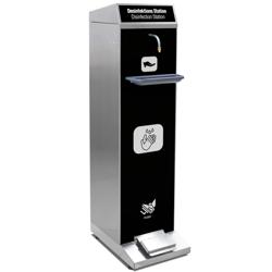 Estación de desinfección - 5000-10000ml - Acero inoxidable - con soporte de pie, con cartela A4, con bandeja recogegotas, accionamiento por pedal, para gel hidroalcohólico