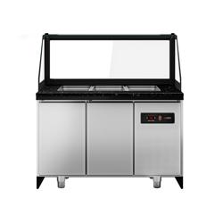 Mesa saladette refrigerada TORONTO - 1250mm - frontal negro - 2 puertas macizas - con vitrina de cristal para 3x GN 1/1 & 1 estante - encimera de granito negro