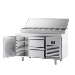 Gekoelde voorbereidingstafel - 1468x700mm - met 1 deur & 2 laden - Roestvrijstalen opzetstuk 1x GN 1/2 & 6x GN 1/3
