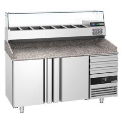 Pizzawerkbank PREMIUM - 1600x800mm - met granieten werkblad - met 2 deuren & 3 laden - incl. glasvitrine - 6x GN 1/3
