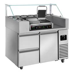 Commercial Refrigerated Prep Table PREMIUM – Glass Top – 1 Door + 2 Drawers – 1210 mm – for 9× GN 1/6 - with Contact Grill