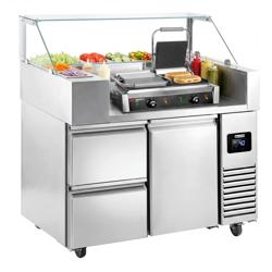 Commercial Refrigerated Prep Table PREMIUM – Glass Top – 1 Door + 2 Drawers – 1210 mm – for 9× GN 1/6 - with Contact Grill
