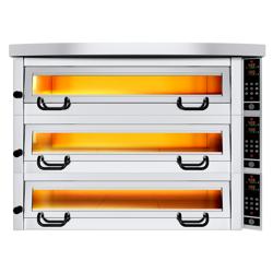 (3 pcs) Four à pizza PROFESSIONNEL électrique - Sole en pierre réfractaire - 3 x 4 pizzas Ø34cm - 400V - Commandes électroniques - jusqu’à 450°C - incl. Hotte & Support - avec Jeu de roulettes