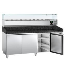 Pizzawerkbank PREMIUM - 2000x800mm - met granieten werkblad - met 3 deuren - incl. glasvitrine - 10x GN 1/4