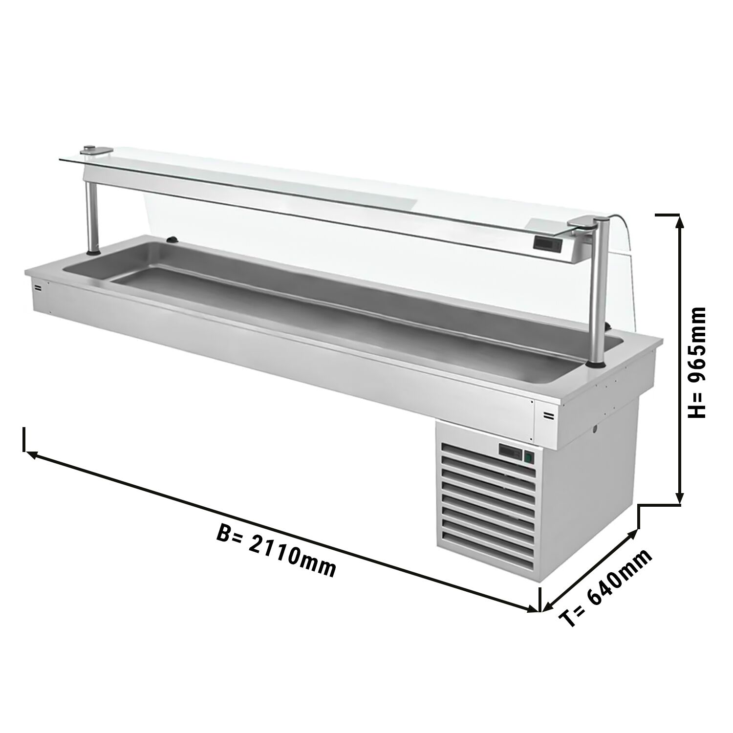 Cuve réfrigérée encastrable Drop-In - 2100mm - +2 à +8°C - 6x GN 1/1 - 410W - avec pare-haleine en verre