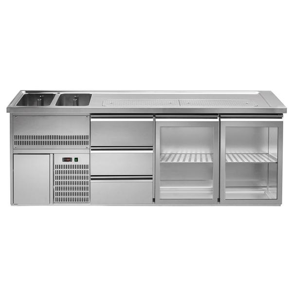 Balcao frigorífico para cerveja Premium PLUS - 2500x700mm - 2 portas de vidro e 3 Gavetas