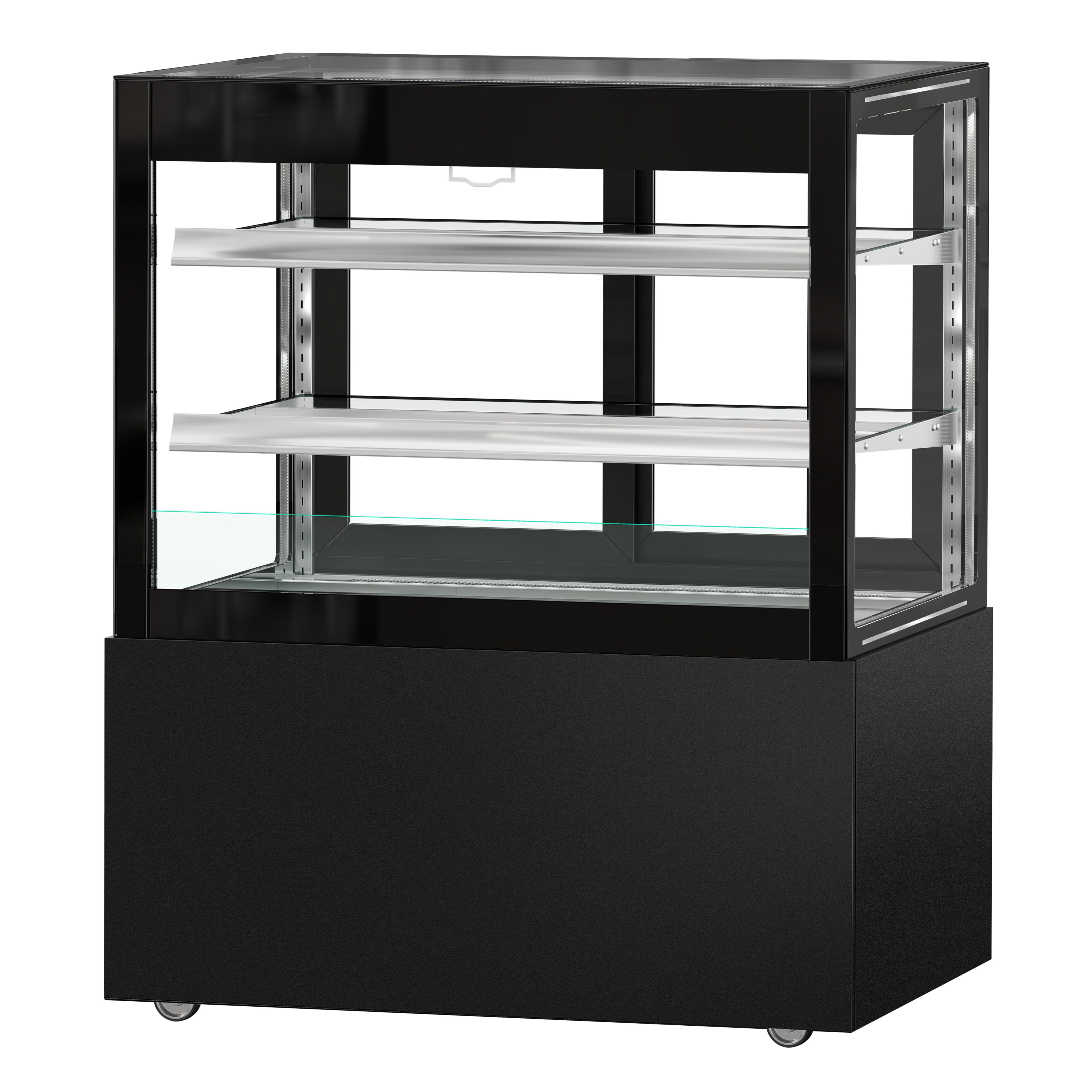 Vitrine à pâtisserie réfrigérée MADRID Self-Service - 435L - 1000mm - Double vitrage - avec 2 étagères en verre - portes coulissantes vitrées arrière - avec rideau de nuit - pour pâtisseries - Pour FR - Noir mat