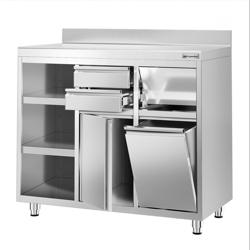 Szafka robocza ze stali nierdzewnej - 1292x600mm - z drzwiami na zawiasach, 2 szufladami, koszem na śmieci, powierzchnią przechowywania 2-poziomową po lewej stronie, z rantem - pod ekspres do kawy