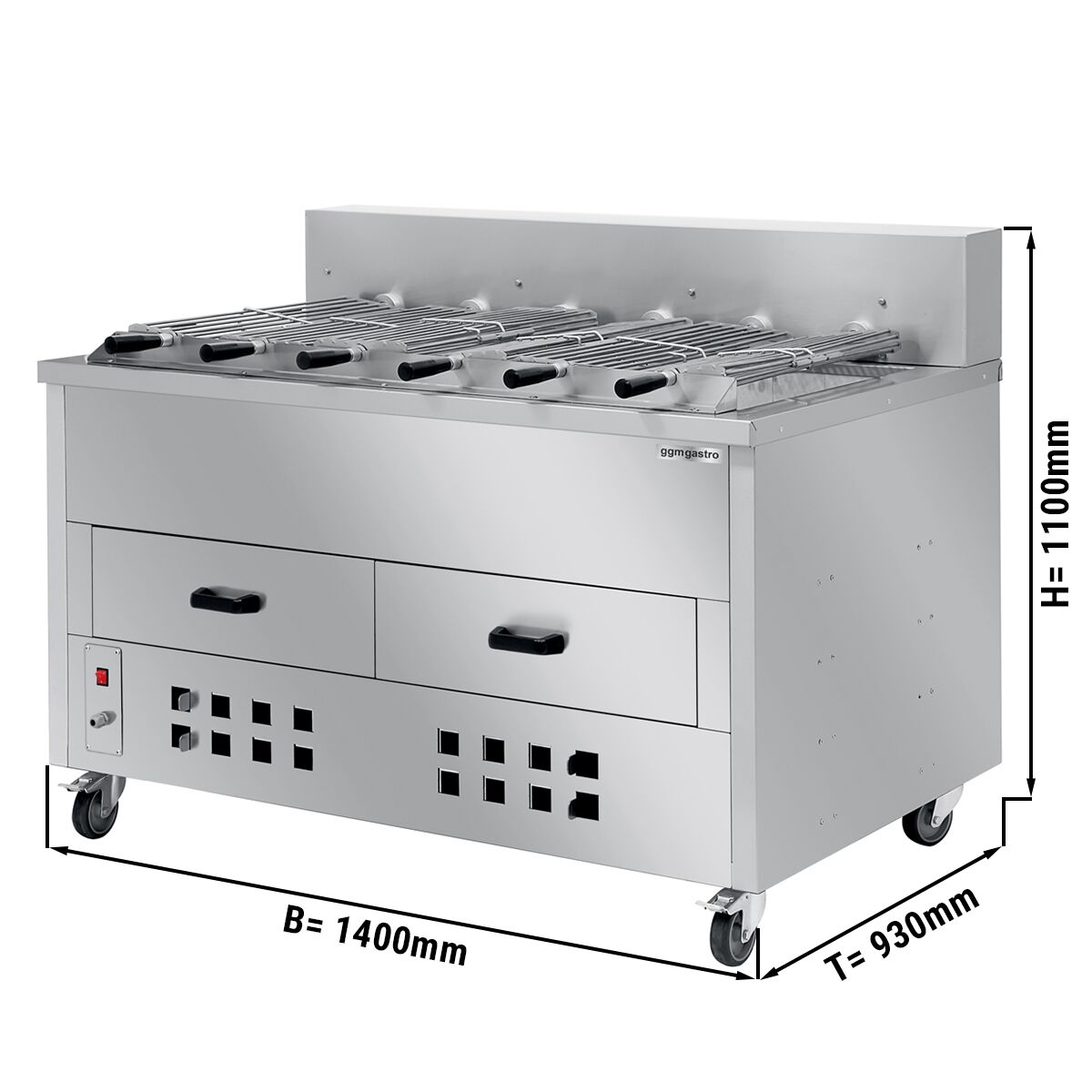 Barbecue au charbon de bois / rôtissoire à poulets – 1400 mm – avec 6 broches
