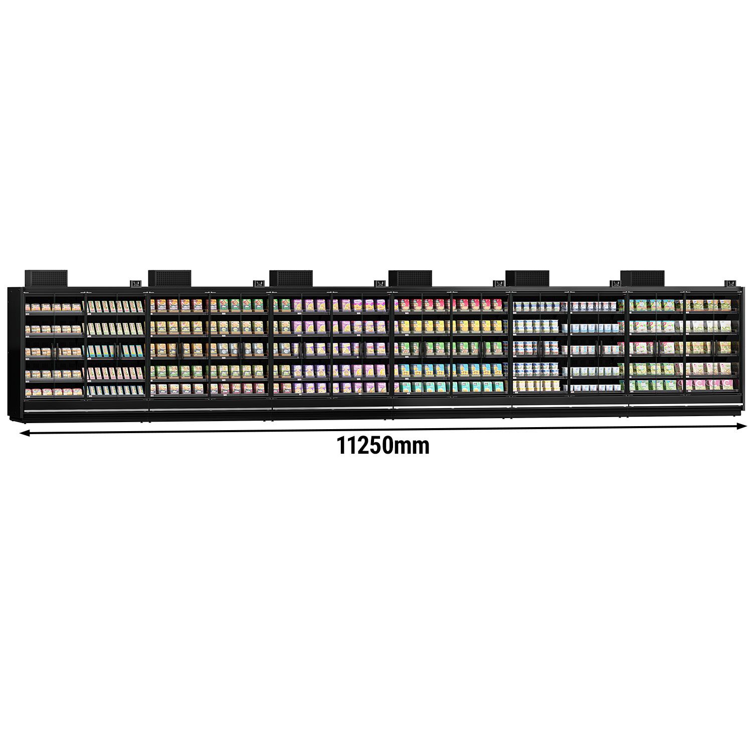 (6 pcs) Vitrine murale de congélation de supermarché - 11250mm - avec 4 portes battantes vitrées & 5 étagères - Noir