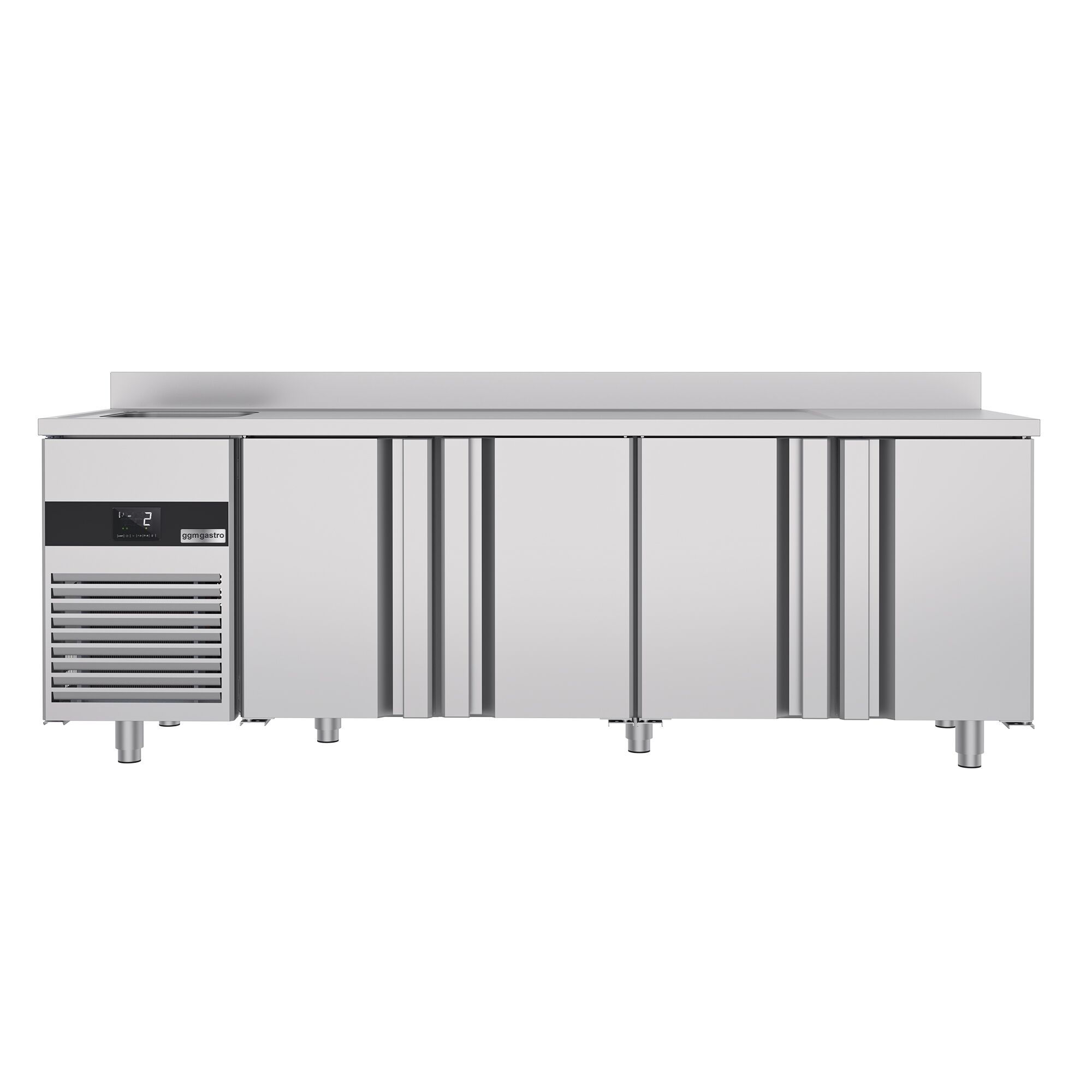 Table réfrigérée PREMIUM - 2360x700 mm - avec 4 portes, 1 bac à gauche - avec dosseret