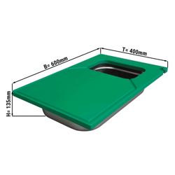 Tocător - 600x400 mm - conform HACCP - polietilenă HDPE 500 - verde - cu recipient GN pentru resturi