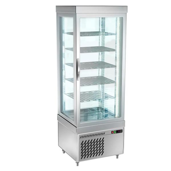 Vetrina Refrigerata Verticale 4 Lati Vetro – Panoramica Professionale - per torte - 430l - 670mm - con 5 ripiani rotanti - 4 lati vetro; LED interni