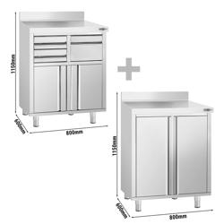 1 x kaffebar arbetsskåp - 800 mm - 2 svängdörrar & 1 x kaffebar arbetsskåp - 800 mm - 2 lådor, 1 sumplåda