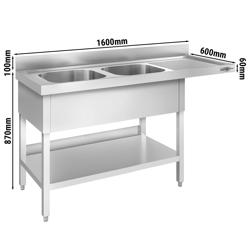 Mycí stůl s prostorem na myčku 1,6 m - 2 dřezy vlevo D 40 x Š 40 x H 25 cm
