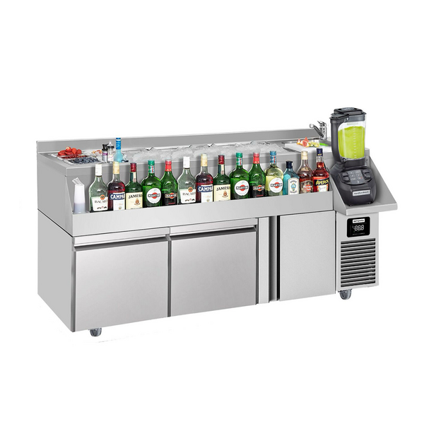 Bár/ital hűtőasztal - 1,6 x 0,6 m - 235 liter - 1 ajtóval, 2 fiókkal 1/1 és polcokkal