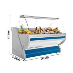 Banco gastronomia professionale / Banco Macelleria  - 2025x1150mm - Statica - 400 L - Vetro curvo - Colore Blu - piano di lavoro in granito
